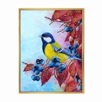 Buldfinch Bright Birds, кој седи на гранка на бобинки II, врамени сликарски платно уметнички принт