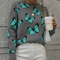 Џемпери За Жени Мода Долги Ракави Тркалезен Врат Пеперутка Печатење Лабави Врвови Блуза Плетен Џемпер