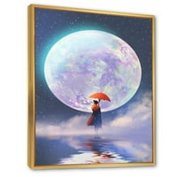 DesignArt 'Девојче со чадор што стои на вода против месечината' Традиционално врамено платно wallидно печатење